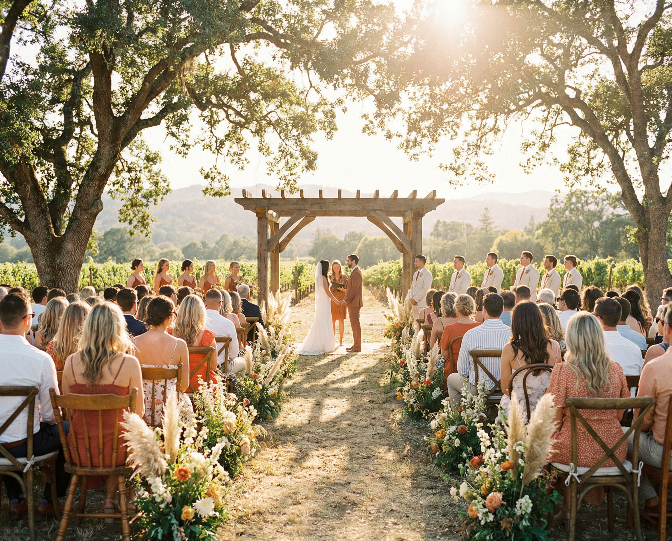 Beautiful outdoor wedding ceremony with guests seated in a sunlit garden